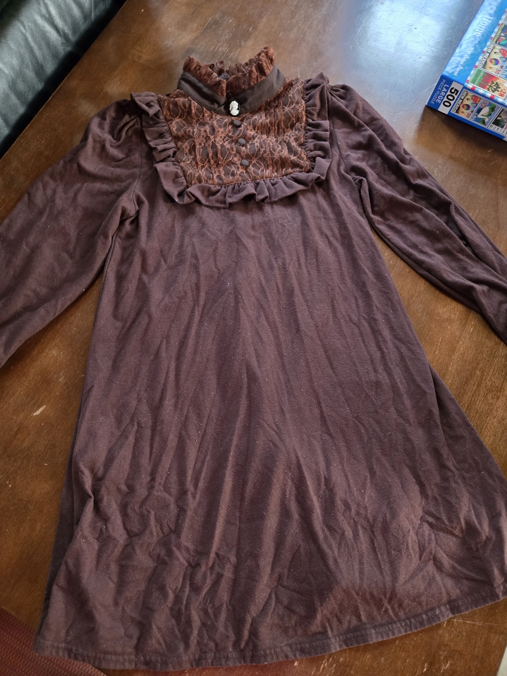 Women's Long Sleeve Lace Yoke Dress in Brown with brooch